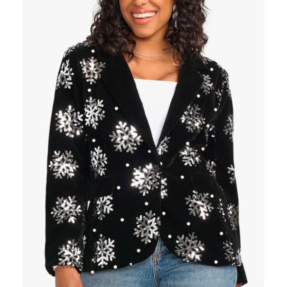 Women's Sequined Snowflake & Faux Pearl Velvet Blazer By Tipsy Elves‎ 1X Black - Picture 1 of 8